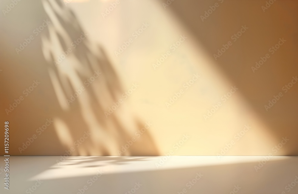 Poster empty light tan minimalist background. gentle shadows cast on floor, wall. ideal for product display