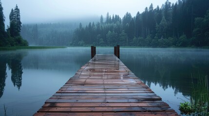A wooden pier extending into a softly lit lake surrounded by forest