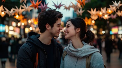 Fototapeta premium Capture the magic of love and celebration with this enchanting image featuring a couple surrounded by colorful paper cranes, symbolizing wishes and deep sentiment in a vibrant festival setting