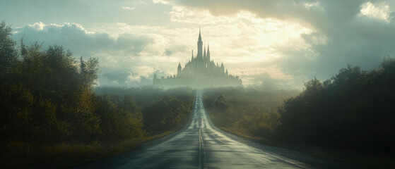 Road winding through mist leading to an ancient castle on a hill