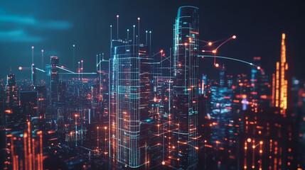 Fototapeta premium Smart digital Innovation city with connection network reciprocity over the cityscape. of future smart wireless digital city and social media networking systems that connects people with in city