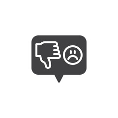 A speech bubble with a sad face and thumbs-down vector icon
