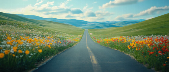 Fototapeta premium Cinematic perspective of a road weaving through a vibrant field of wildflowers