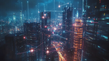 Fototapeta premium Smart digital Innovation city with connection network reciprocity over the cityscape. of future smart wireless digital city and social media networking systems that connects people with in city