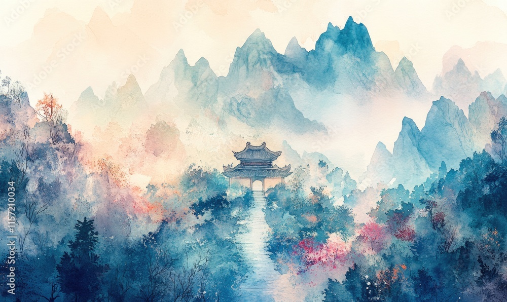 Poster a mountain range with a small building in the middle