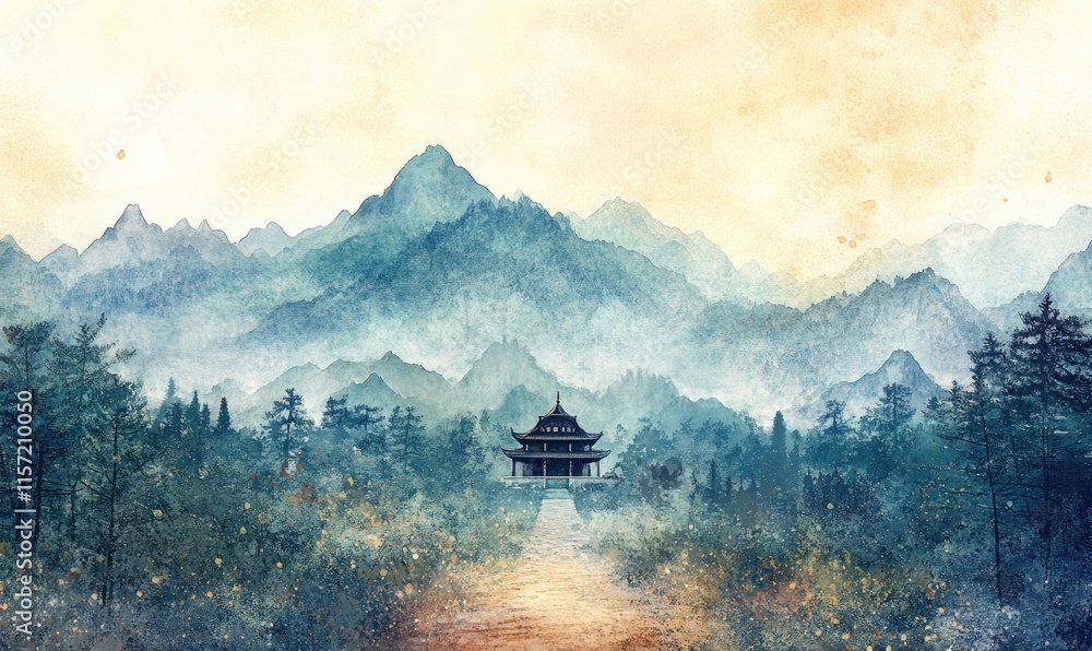 Poster a mountain range with a small building in the middle