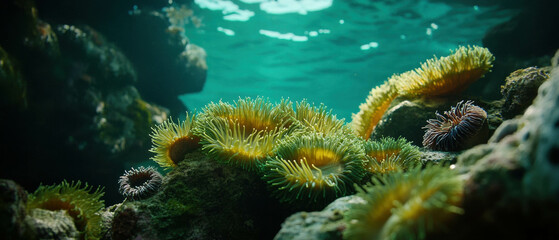 Obraz premium Cinematic view of rocky seabed showcasing vibrant anemones and sea urchins in natural habitat