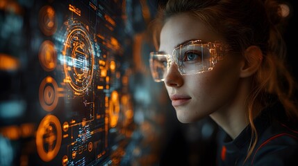 A tech team brainstorming innovative solutions with holographic screens and tools