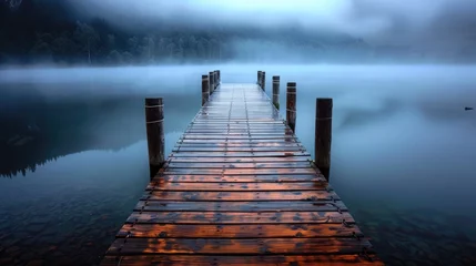 Foto op Plexiglas A wooden pier extending into a softly lit misty lake © Ghazala