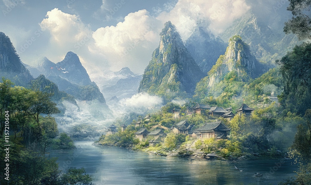 Poster a mountain range with a river running through it