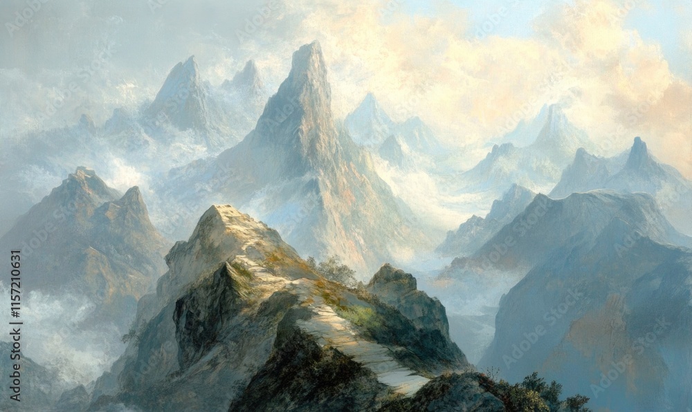 Poster a mountain range with a path leading up to it
