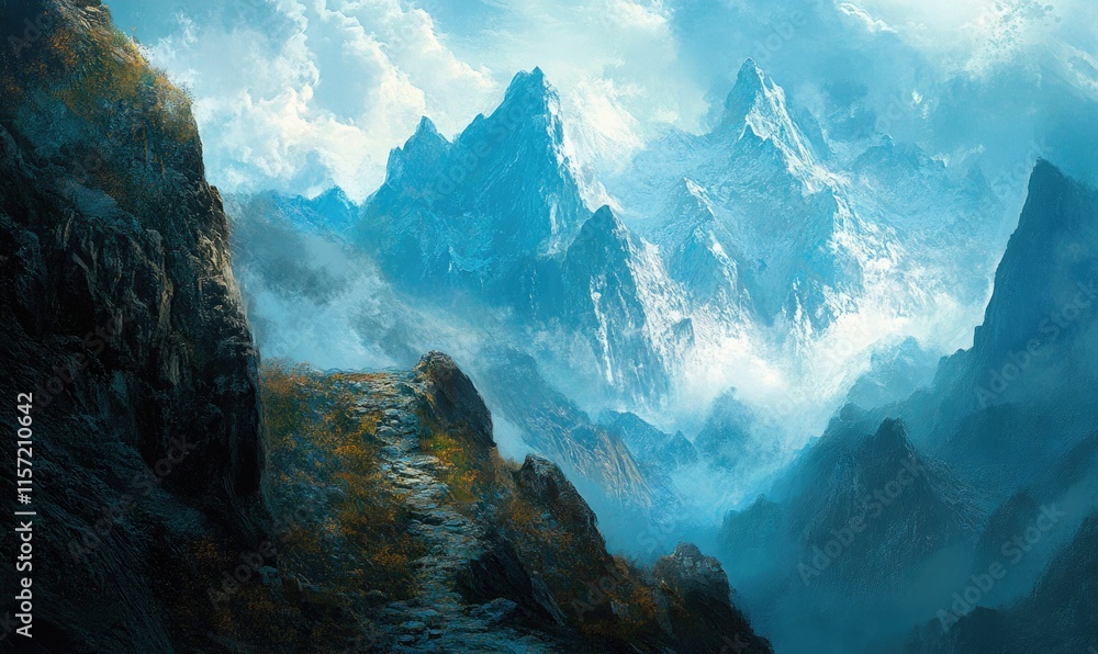 Poster a mountain range with a path leading up to it