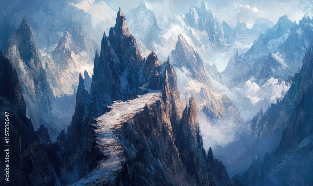 Poster a mountain range with a path leading up to a peak