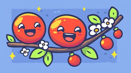 Obraz premium Two happy cartoon cherries on a branch with blossoms.