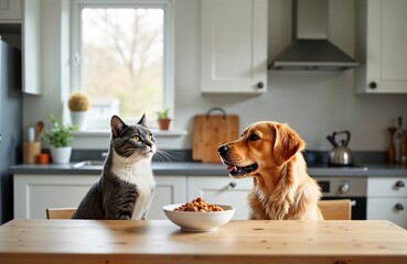 Cute dog, cat sitting at kitchen table waiting for food. Animals looking at food in bowl. Domestic pets, seem friendly. Indoor shot in kitchen. Pets purebred. Food ready for consumption.
