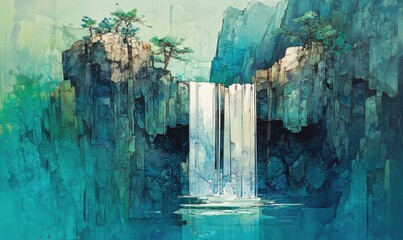 A waterfall is shown in the foreground of a painting
