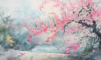 A painting of a tree with pink flowers