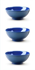 Three glossy blue ceramic bowls in a row.