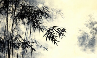 Fototapeta premium A painting of bamboo trees with a single leaf on the right