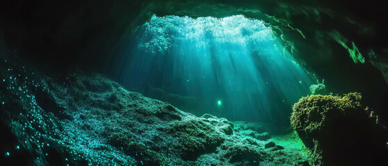 Cinematic view of an underwater cave illuminated by glowing algae and rays of sunlight
