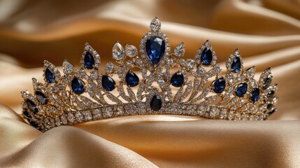 Elegant royal tiara with blue gems and sparkling crystals