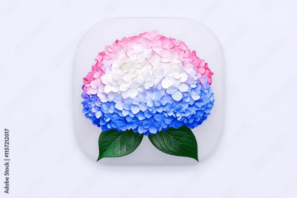 Poster a clean icon of a hydrangea blossom with soft, muted gradients on a plain white background