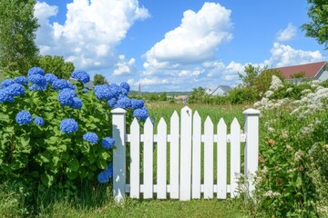 A charming garden gate flanked by hydrangea bushes in vibrant blue, leading to a peaceful yard