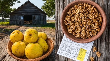 of a packing house, integrated with an image of export approvals, symbolizing compliance and trade. | [Export products]:[Fruits, nuts] 