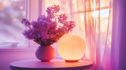 Soft Light and Purple Flowers in Cozy Indoor Setting by Window
