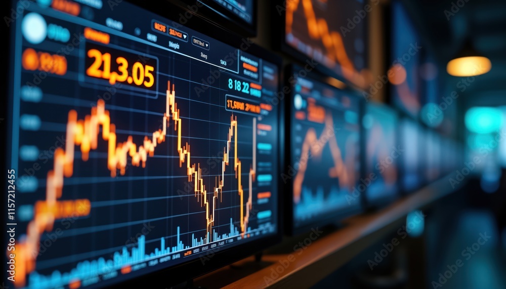 Aufkleber Generative AI displays real-time stock market data on multiple monitors. Charts, financial updates show trends, information. Stock prices move dynamically across screens. Digital tech displays