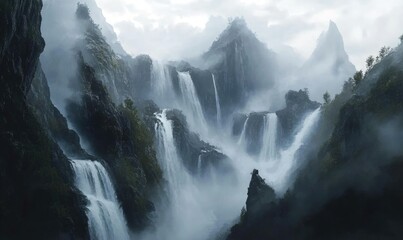 A mountain range with a waterfall in the middle