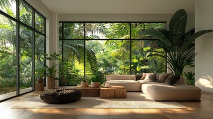 Modern living room with large windows showcasing a lush tropical view.