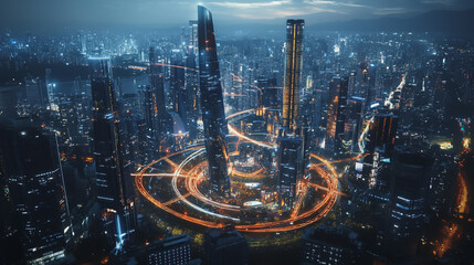 Fototapeta premium Smart digital Innovation city with connection network reciprocity over the cityscape. of future smart wireless digital city and social media networking systems that connects people with in city