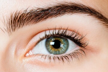 Obraz premium A close-up of a human eye and cheek, with fine details of the eyelashes, pores, and subtle light reflections