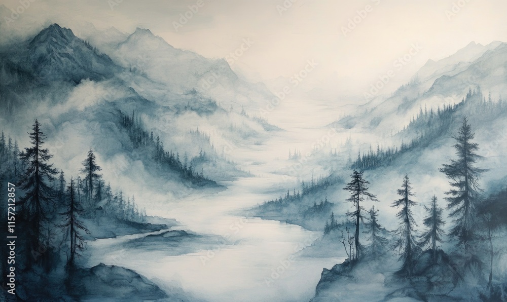 Poster a mountain range with a river running through it