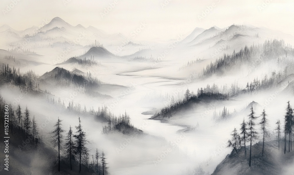 Poster a mountain range with a river running through it