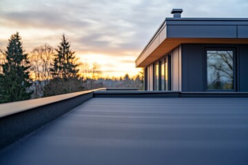 A sleek and modern flat roof is beautifully captured at sunset, highlighting the elegant lines and contemporary architecture against a backdrop of nature and sky.