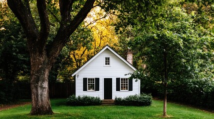 Charming White Cottage Nestled in Lush Autumn Woodland Landscape