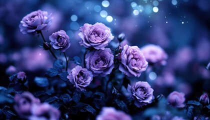 Obraz premium Explore a romantic vignette of roses with a blurred background, capturing their elegance and gentle fragrance in this floral artwork The scene unfolds with delicate purple hues, soft focus effects
