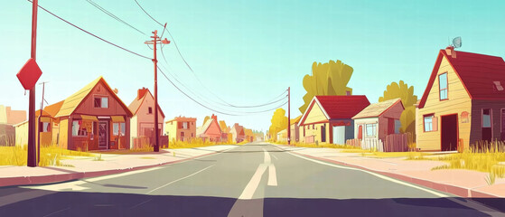 Quiet road through a small town lined with charming houses and colorful shops