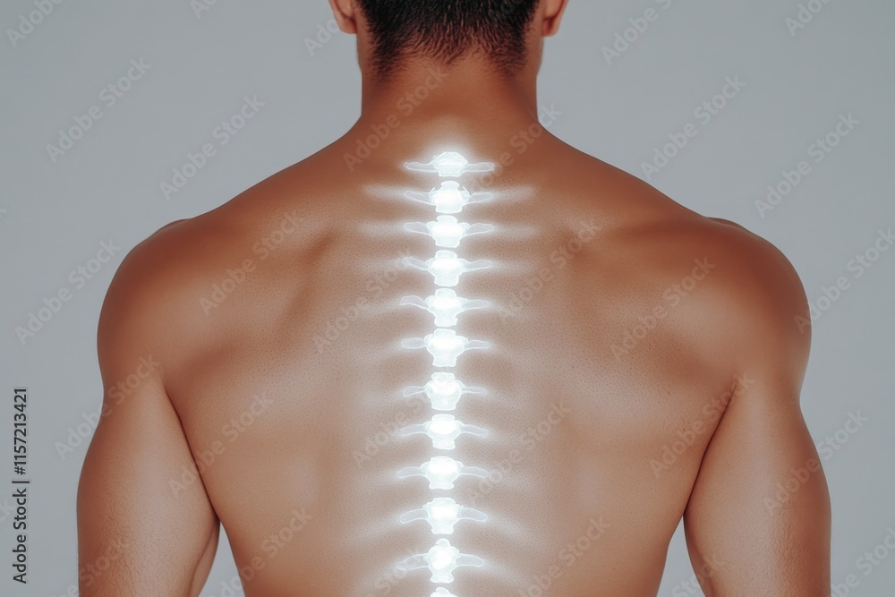 Poster a close-up of the human back, showing the curvature of the spine and toned muscles under soft shadow
