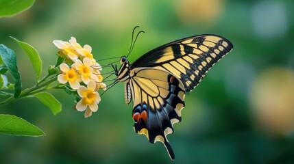 Fototapeta premium Colorful Butterfly Perching on Vibrant Yellow Flower in Lush Greenery