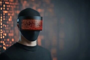 Futuristic figure in digital visor standing against a glowing binary background at night