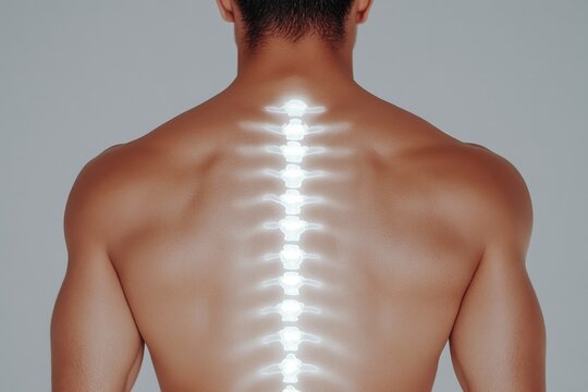 A close-up of the human back, showing the curvature of the spine and toned muscles under soft shadowed light