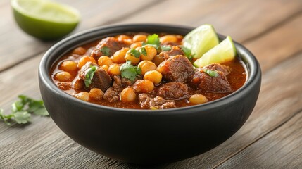 Bowl of Menudo with Fresh Herbs and Lime Wedges