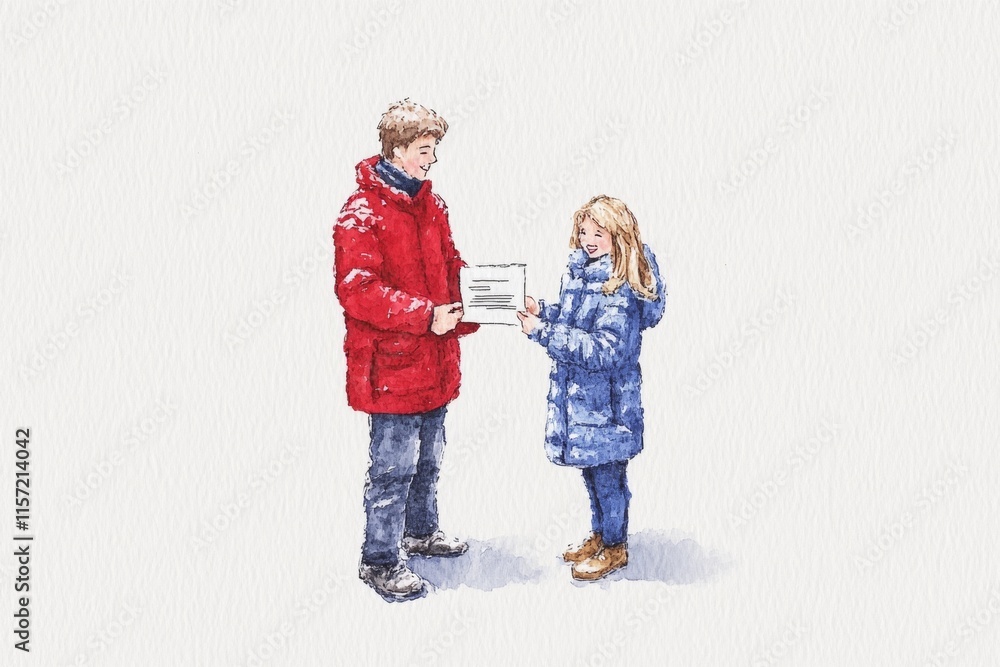 Poster a colorful 2d illustration of an hr manager handing over an offer letter to a smiling candidate, set