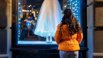 The girl dreams of marriage near a wedding dress shop. A girl on the street looks into a glowing shop window at wedding dresses.