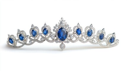 Elegant Silver Tiara with Blue Gemstones and Intricate Design