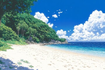 Naklejka premium A delicate watercolor of a tropical beach with swaying palm trees, gentle waves, and footprints in the sand