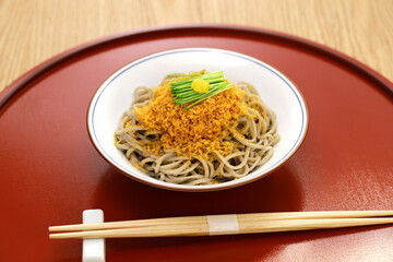Karasumi soba ( buckwheat noodles topping with grated dried mullet roe ), Japanese cuisine